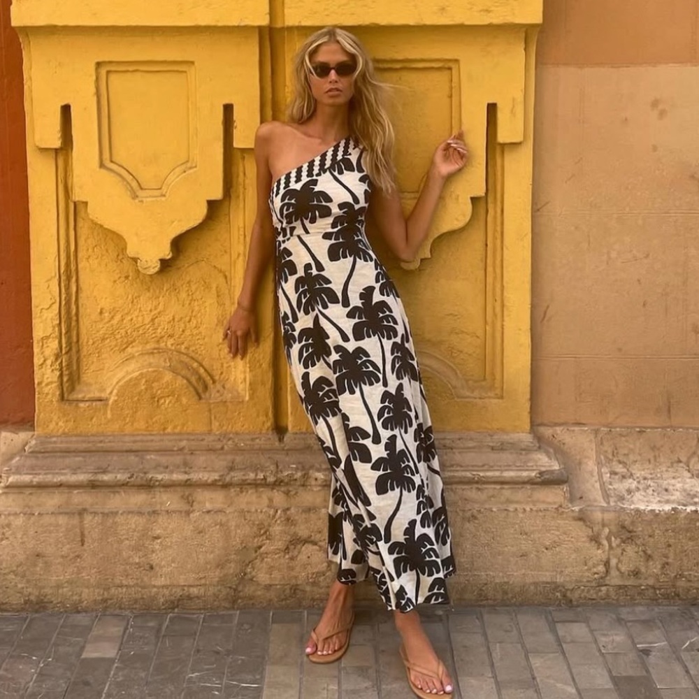 FARM Rio One-Shoulder Black and White Maxi Dress